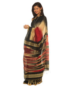 Alternative view of Hand Woven Cotton By Silk Contemporary Ikat Yellow, Black & Red Saree