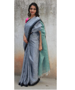 Alternative view of Hand Woven Steel Grey & Apple Green Pure Linen Saree