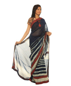 Alternative view of Exclusive Indigo Blue Shibori Maheshwari Silk Saree With Red Ajrakh Border
