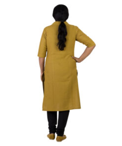 Alternative view of Exclusive Hand Woven Pure Cotton Yellow Kurta With Ajrakh Geometrical Pattern In Natural Dyes