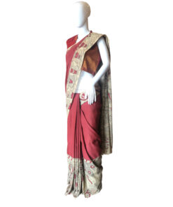 Alternative view of Hand Painted Pen Kalamkari Chenoori Silk Maroon & Cream Ramayana Saree in Vegetable Dyes